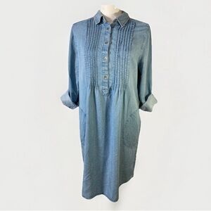 J Jill Chambray Denim Dress S Petite Blue Pintuck Roll Tab Sleeve Casual